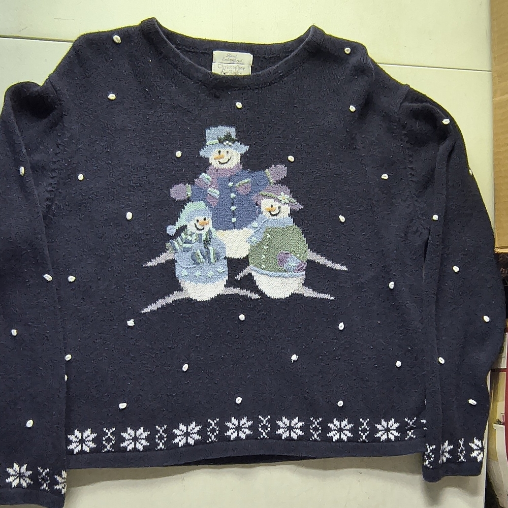 Christopher & Banks Hand Embroidered Crewneck Sweater with Snowman Trio
